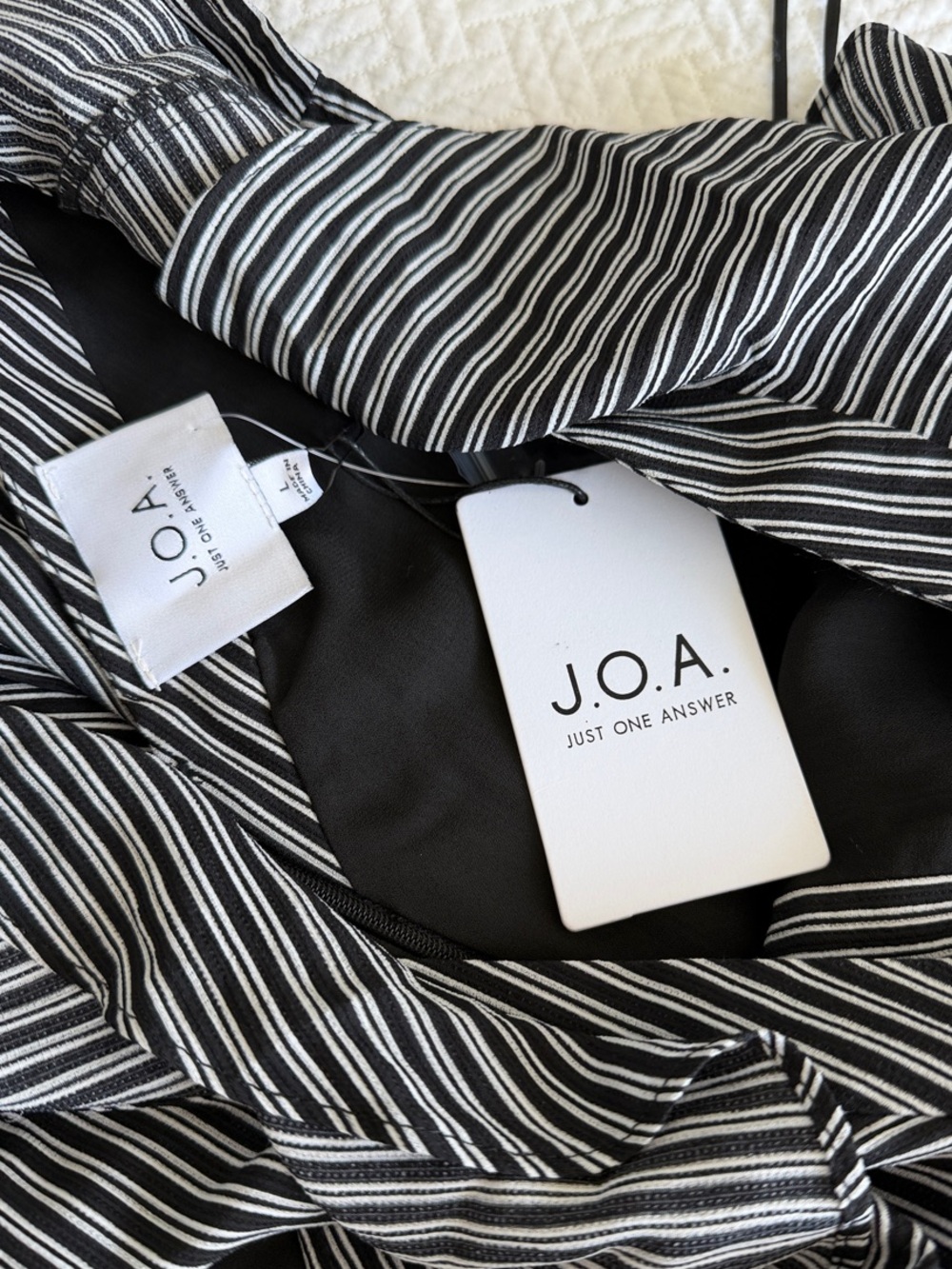 J.O.A. Black and White Vertical Stripe Ruffle Midi Dress - Picture 2 of 7